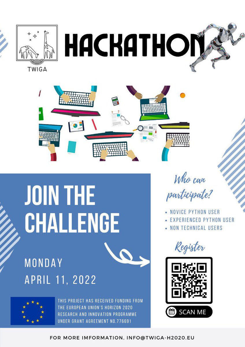 Glad to announce the TWIGA HACKATHON will be happening on the 11th of April 2022.
It’s open to EXPERIENCED &amp; NOVICE python users &amp; NON TECHNICAL users. 

Date: April 11 2022
Registration link: bit.ly/3tTEVN7

Hope you register to participate.