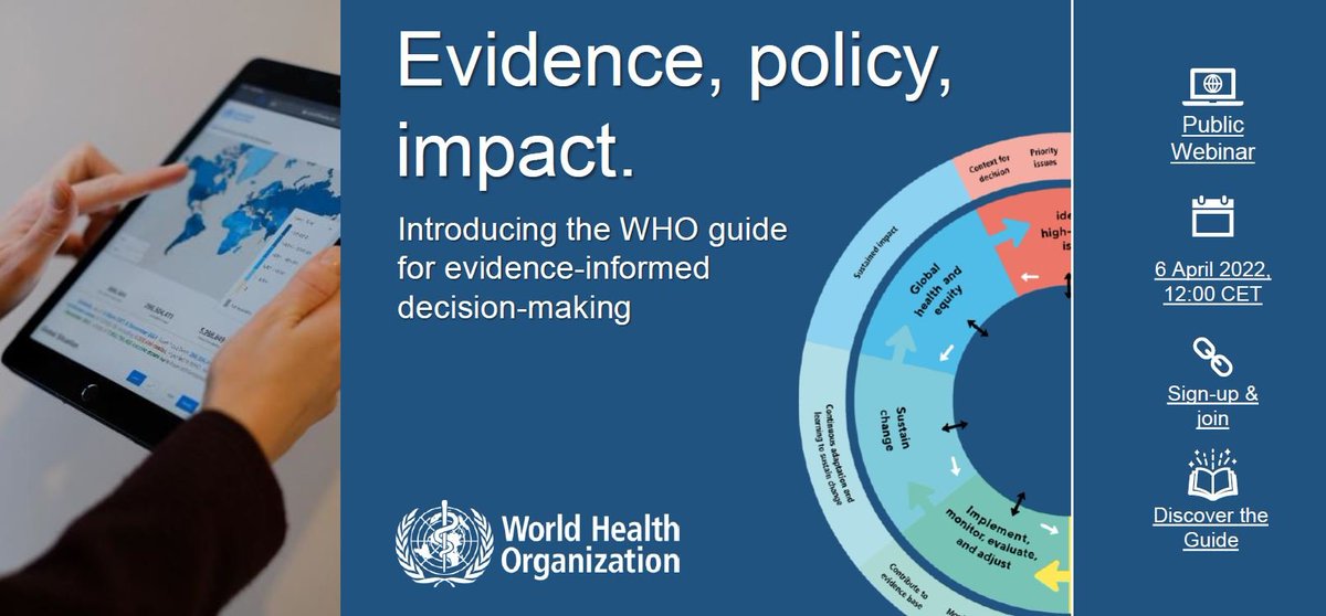 ACE_UJ's tweet photo. The #E2P Impact Unit at the @WHO is hosting a webinar on 6 Apr 12 CET to introduce WHO’s guide & online repository for #EIDM to discuss how these tools can foster better #collaboration among actors of the #EvidenceEcosystem. To register & for more details: https://t.co/gGDDcYgLze https://t.co/HBbCGwYaRH