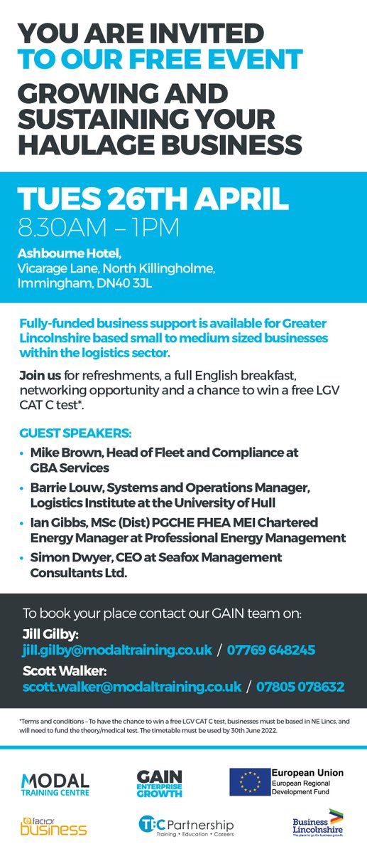 ModalTraining's tweet image. There's still space to join our 'Growing and Sustaining Your Haulage Business Event' on Tuesday 26th April. If you're a Haulage SME and want to network with industry professionals, book your place via the link below:
eventbrite.co.uk/e/growing-and-…