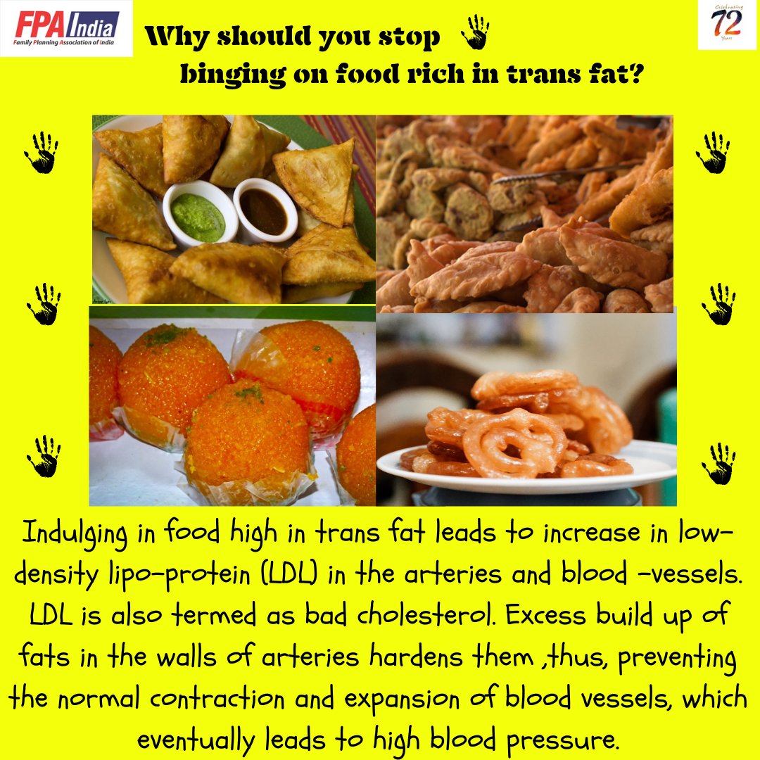 FPA_India's tweet photo. Consuming food laden with trans-fat can harm your body. Here’s why?
#Beatthepressure #FPAI #GHAI #PrACHI #Hypertension #NCD #MoHFW #ResolvetoSaveLives #WHOSEARO #FSSAI #WHO https://t.co/FEFKxdzd6t