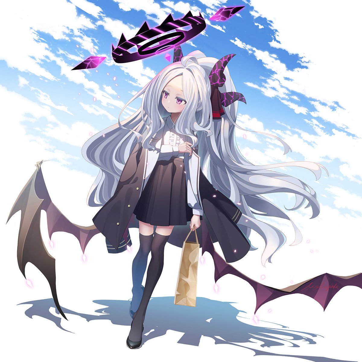hina (blue archive) 1girl solo horns long hair demon wings wings coat on shoulders  illustration images