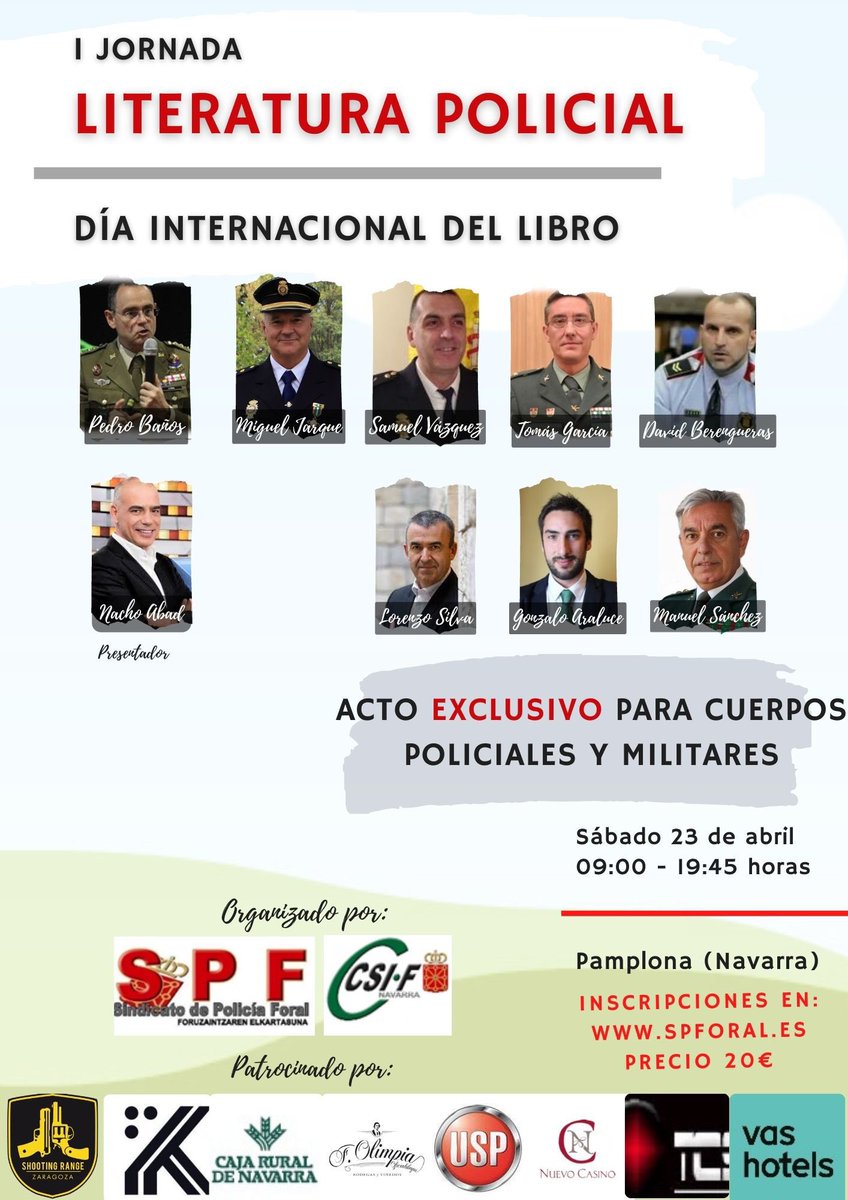 CSIFAdmnLocalN1's tweet photo. El día 23 de abril @CSIF_Navarra junto con @S_P_Foral celebrará una novedosa Jornada sobre Literatura Policial, con la participación de ponentes de primerísimo nivel por lo q promete ser un gran éxito y referente nacional 👏👏👏
@CSIFnacional @JupolNacional 
@jucilnacional https://t.co/O4t0OIvKA4