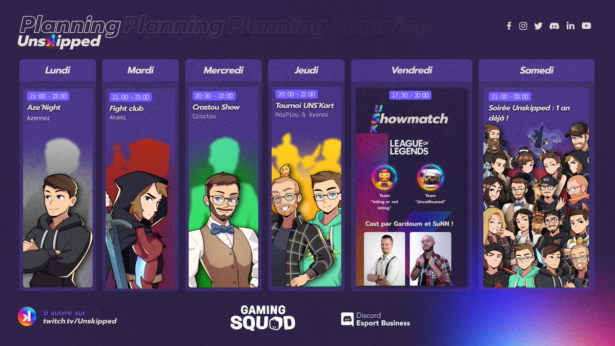 Nouveau planning!🗓

Cette semaine c'est le retour de l'USK Showmatch et le premier anniversaire de la WebTV qu'on fêtera samedi soir ! 🔥🎉 

Réservez votre weekend les potes 💜

➡️twitch.tv/unskipped 🔴

Bonne semaine à tous ! ☀️