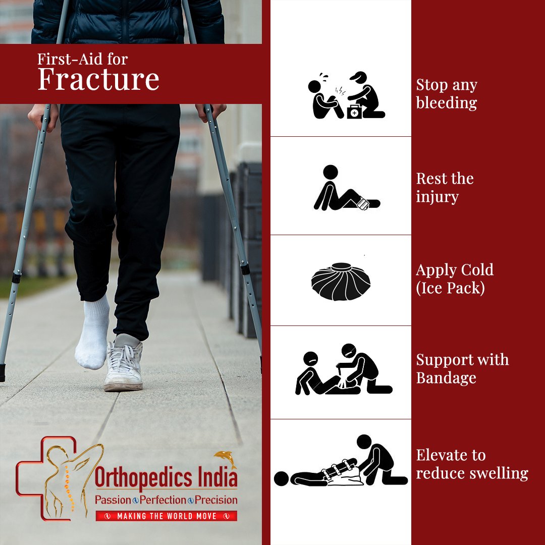 OrthopaedicsI's tweet photo. What to do before you reach out to an emergency room for a fracture?

✅Stop any bleeding
✅Immobilize the injured area
✅Apply cold to the area
✅Get professional help

Contact 7358 000 123 immediately for help 

#orthopaedicsindia #orthopedics #pain #Bones #urgentcare https://t.co/pY7bfUp8mM