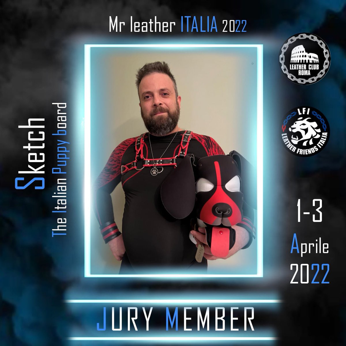 LeatherClubRoma's tweet photo. Anche #TheItalianPuppy avrà il suo rappresentante nella giuria si #MisterLeatherItalia 2022: si tratta di #Sketch, settimo e ultimo giurato per il concorso di #Mli22.
Le info sul concorso e sul weekend più leather dell’anno 👉🏻 https://t.co/anQ0qG2mhm
#StrongerTogether 🖤❤️💙 https://t.co/YYEf2GdP8W
