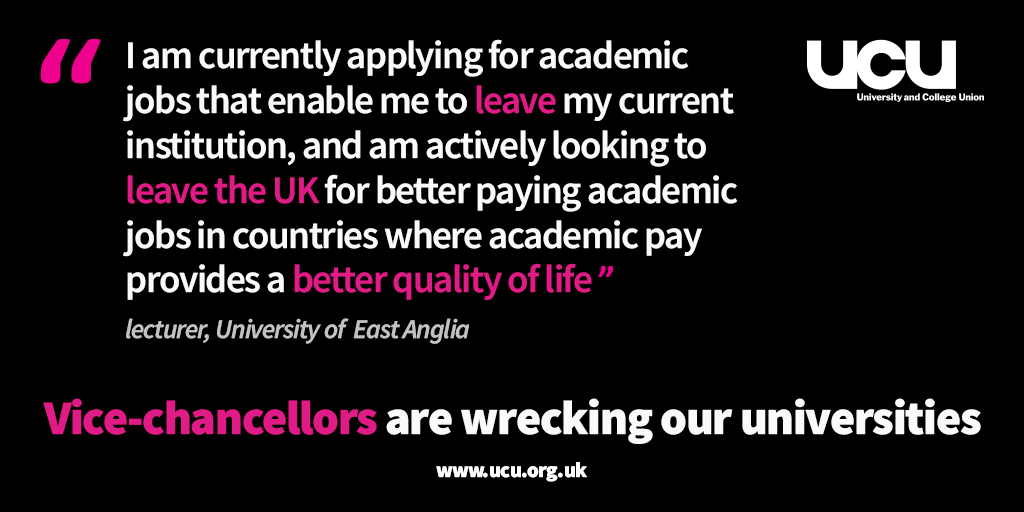 ucu's tweet photo. British universities are facing an exodus of talent as many staff look for jobs in higher education sectors abroad, with decent pay and conditions.  

VCs are wrecking our universities with their relentless attacks on staff. https://t.co/5cRiNRk6fy