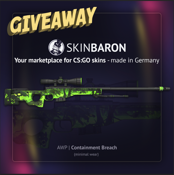 SkinBaronEN's tweet image. You decided which AWP we&apos;ll choose for the next giveaway! 👀

That&apos;s why we&apos;re giving away an AWP | Containment Breach!🥳

Follow the steps below to enter:
✅Follow @SkinBaronEN und @SkinBaronDE
✅Retweet
✅Tag 2 friends

Giveaway ends at the 12.04.22 ⏰