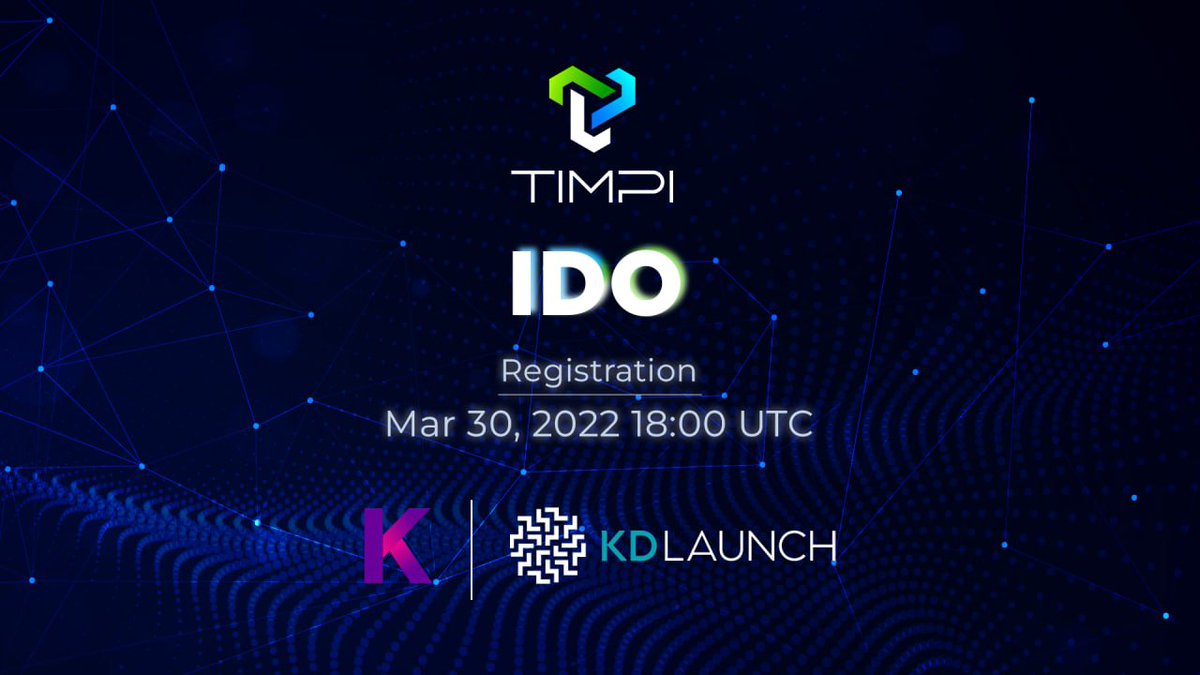 Timpi_TheNewWay's tweet photo. Registration     - Mar 30, 2022 18:00 UTC
Assigning Allocation   - Apr 02, 2022 18:00 UTC
Whitelist Round   - Apr 03, 2022 19:00 UTC
KDL Round     - Apr 05, 2022 19:00 UTC
Fair Distribution  - Apr 08, 2022 19:00 UTC
Sale Ends     - Apr 13, 2022 19:00 UTC https://t.co/c37sEROshC