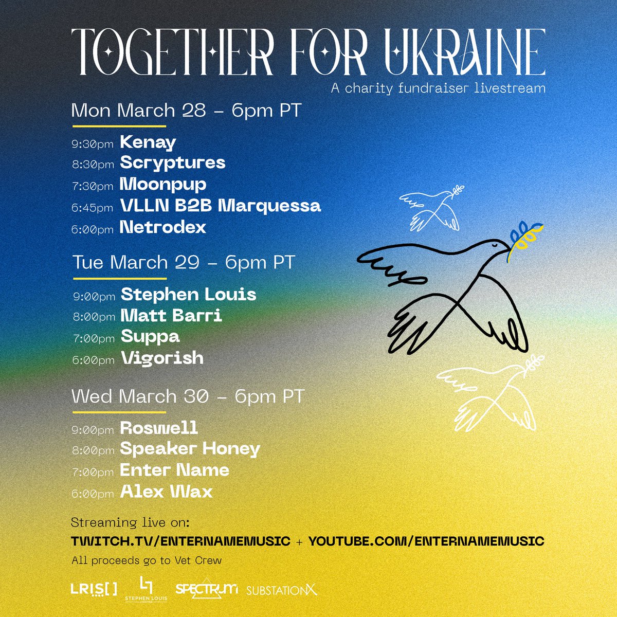 SubstationXsd's tweet photo. Catch our very own VLLN & @MarquessaMusic going b2b today at 6:45pm PDT for this special charity fundraiser. // https://t.co/qZF6LdFhKB #SubstationX #UnitedWithUkraine https://t.co/NLviMy3RVE