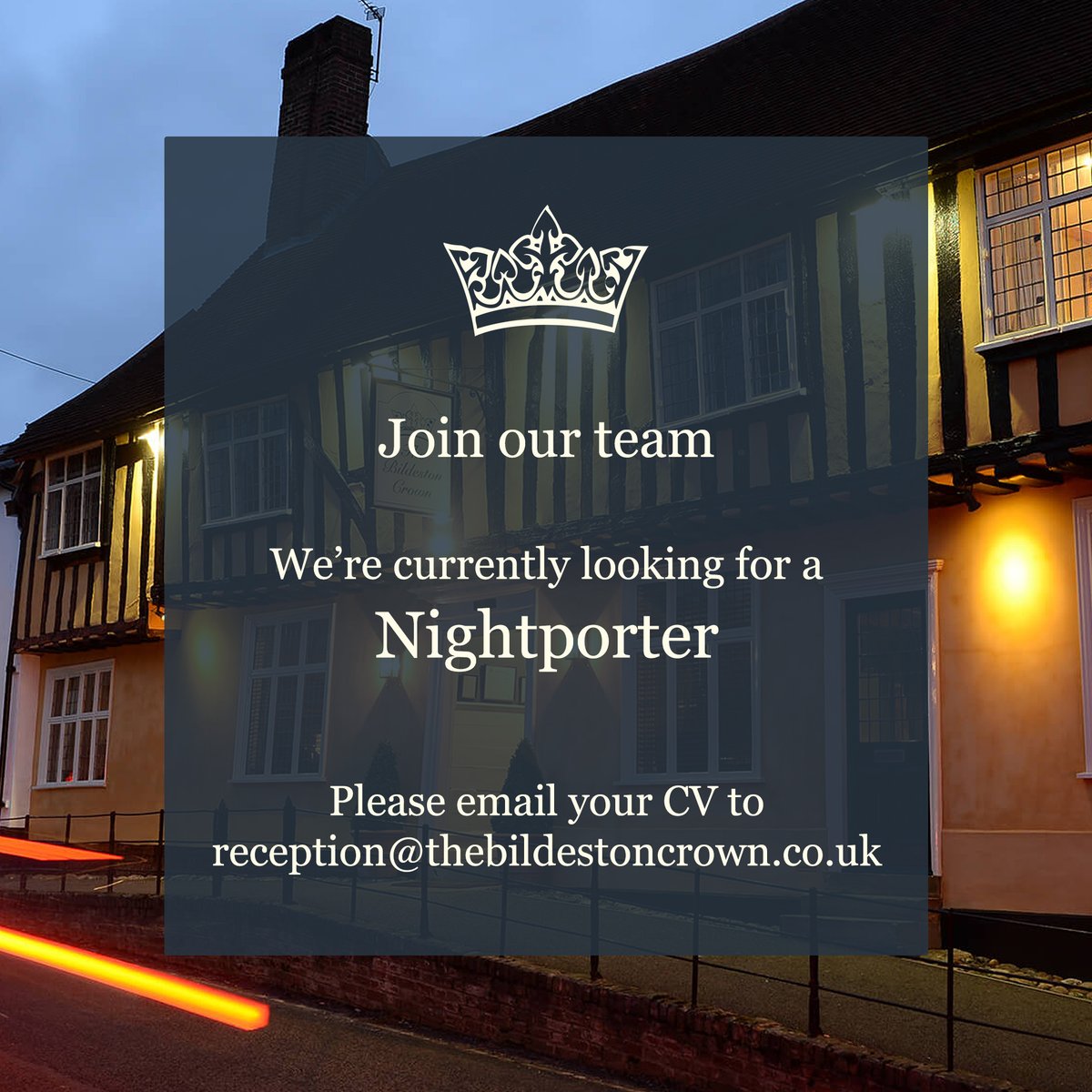We're have a vacancy for a nightporter at The Bildeston Crown.
If you're a night owl do get in touch if you're interested.
#suffolkjobs #suffolk