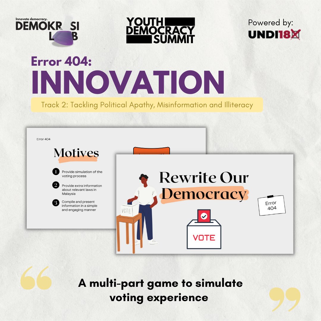 demokrasilab's tweet photo. ❗️ Youth Democracy Summit Throwback ❗️

Demokrasi Lab's Champion goes to Error 404 and their innovation - a multi-part game that lets players learn about our democracy and election as they unlock new levels. 

Congratulations Error 404! https://t.co/cc5mUALOtb