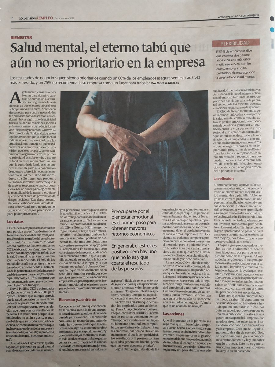 .<a href="/expansioncom/">expansioncom</a> se hace eco de nuestro estudio 'Salud mental en el ámbito laboral', realizado junto a <a href="/appinio/">Appinio</a>
 y <a href="/ifeelonline/">ifeel</a>. Todo un placer haber participado poniendo nuestro granito en hacer del #bienestar emocional una prioridad🧘‍♂️🧠.

Estudio completo👉hr.kenjo.io/es/es/es/infor…