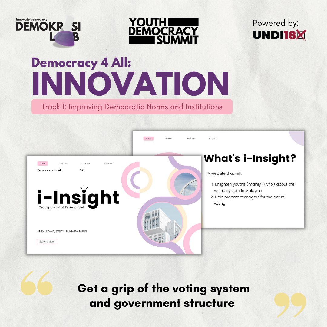 demokrasilab's tweet photo. ❗️ Youth Democracy Summit Throwback ❗️

Demokrasi Lab's Runner Up goes to Democracy 4 All and their innovation - a website called i-Insight that allows Malaysian youths to find out more about voting and learn how to vote. 

Congratulations Democracy 4 All! https://t.co/QOHa1sNIuK