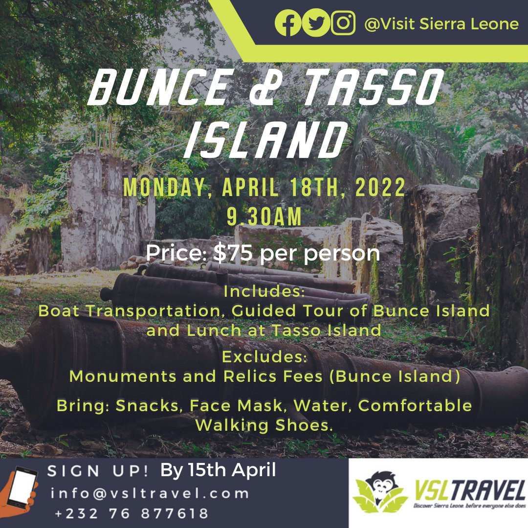 VisitSL's tweet photo. Did you know that Bunce Island once served as an international trade center and the pass-over point for commercial ships transporting slaves to the West Indies and North America

Join Us on April 18th for more facts.

#bunceisland #salonetwitter #tassoisland #vsltravel #salone https://t.co/JpnVIMt9jj