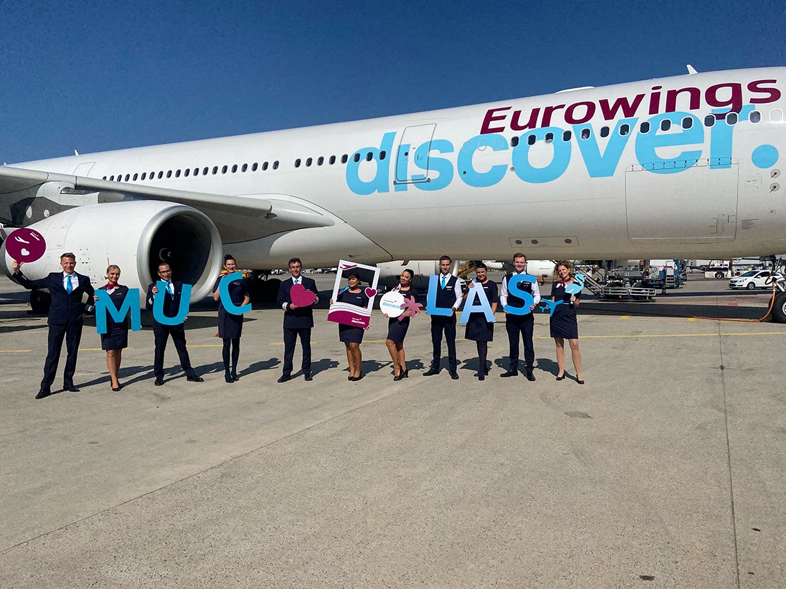 lufthansaNews's tweet photo. Servus @MUC_airport! #EurowingsDiscover launched its second hub with flight 4Y56 to Las Vegas on Sunday 12:45 am.🎰🇺🇸  Fly 2x times weekly from MUC to LAS, PUJ &amp; CUN with #4Y as of now. #WeAreLufthansaGroup #TogetherAgain https://t.co/hXwxe7FZET