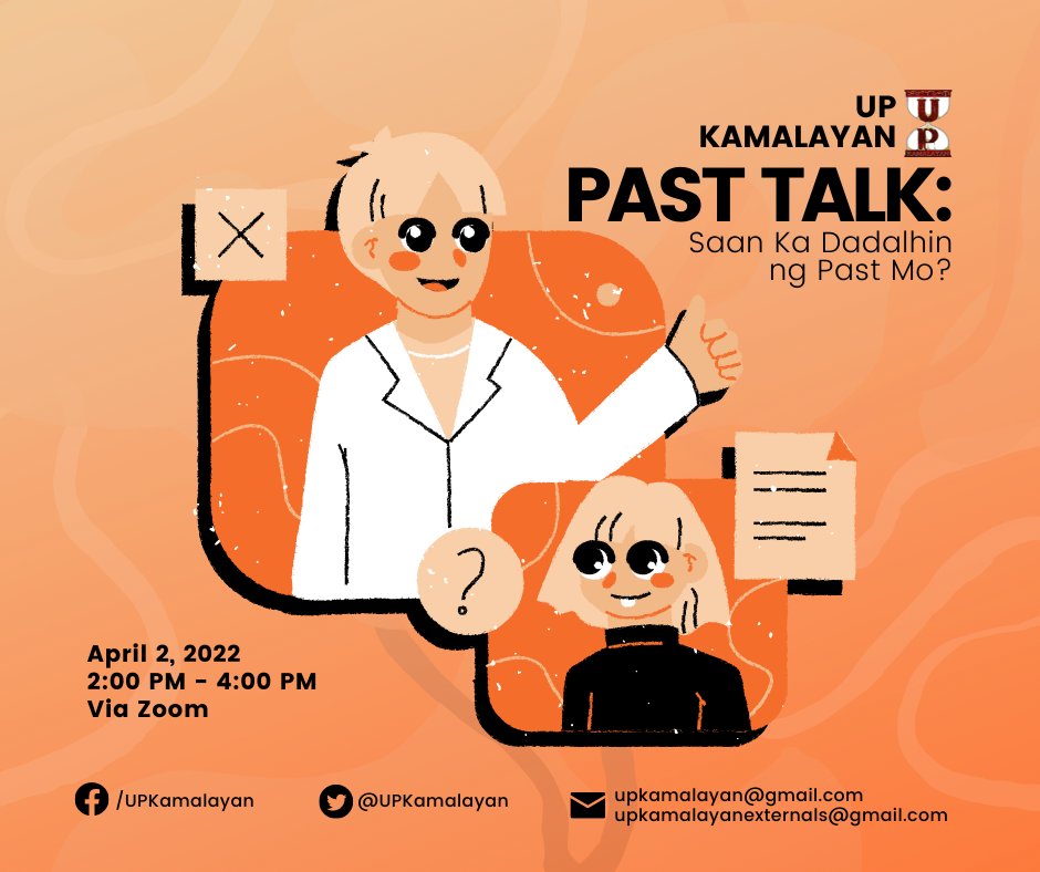 UPKamalayan's tweet photo. Samahan niyo ang UP KAMALAYAN sa "PAST TALK: Saan Ka Dadalhin ng Past Mo?"
Mag-register lamang sa: https://t.co/zvX0BP5IUx
Kita-kits! ๐คฉ
Ang Buong Post: https://t.co/lQCoOty91B
#PastTalk #UPKAMALAYAN #MapanganibAngPaglimot #AngPagalalaAyPagkilos https://t.co/ZD1fyZgwsW