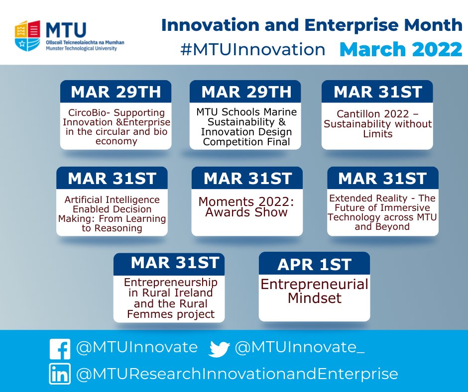 MTU Research Innovation and Enterprise (@mtuinnovate_) on Twitter photo As we approach our final week of <a href="/MTU_ie/">Munster Technological University</a> Innovation and Enterprise month we have competition finales, award showcases and much more!
Check out our calendar of events: enterprise.cit.ie/innovation-mon…
#MTUinnovation #succeedingtogether #events #entrepreneurship As we approach our final week of <a href="/MTU_ie/">Munster Technological University</a> Innovation and Enterprise month we have competition finales, award showcases and much more!
Check out our calendar of events: enterprise.cit.ie/innovation-mon…
#MTUinnovation #succeedingtogether #events #entrepreneurship