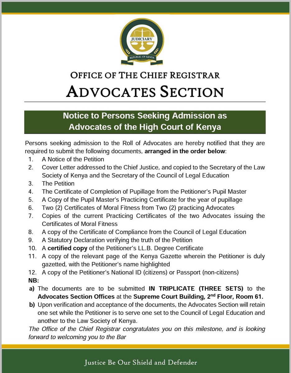 Congratulations to the 609 candidates who were gazetted by CLE on March 28. Here's how to present your petition for admission as an Advocate of the High Court of Kenya <a href="/SchoolofLawKE/">The Kenya School of Law</a> <a href="/CLE_Kenya/">Council of Legal Ed.</a>  <a href="/EWKituku/">Wambua Kituku</a>