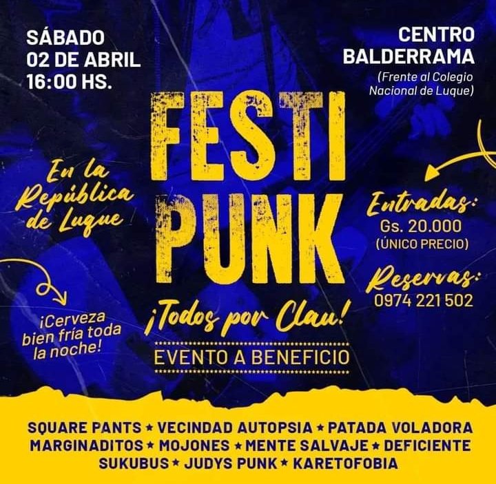AsajeRock's tweet photo. #FestiPunk es un concierto benéfico que se realizará este sábado 2/04 en el Centro Balderrama de Luque 🔥🤘🏻 
Con 10 grupos en vivo desde las 16:00hs!!
Entradas a 20.000Gs! https://t.co/Gh9S3OlCwy