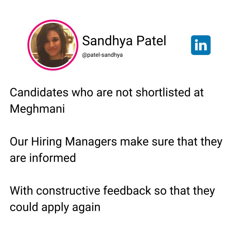 SandhyaPatel82's tweet image. Candidates who appear for job interviews @Meghmani_IN 

Come with starry eyes &amp;amp; hope for the future

But life brings failure for a great purpose

But that is no excuse why corporates and the HRs shouldn’t be

Responding to the applicants with empathy who are not selected.

So...