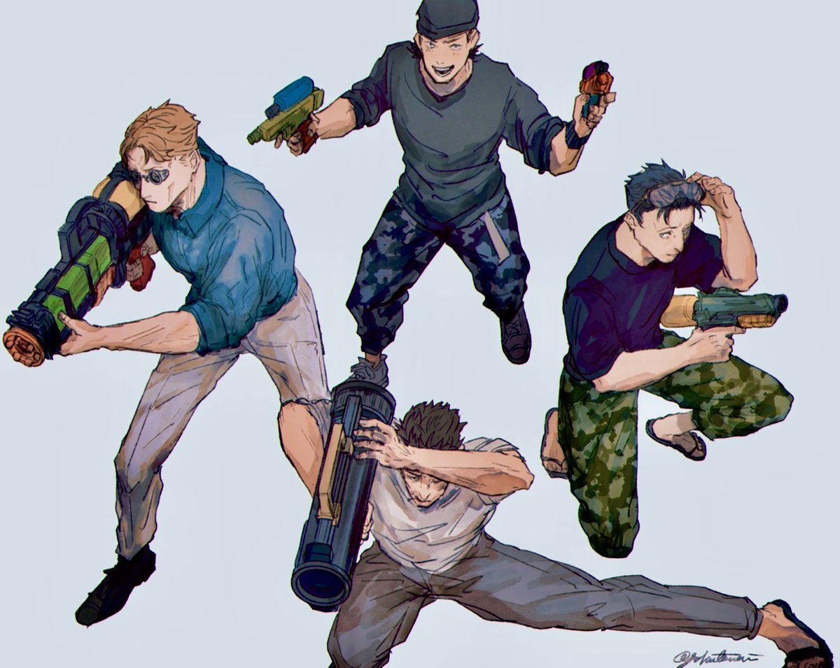 nanami kento multiple boys male focus water gun shirt pants blue shirt holding  illustration images