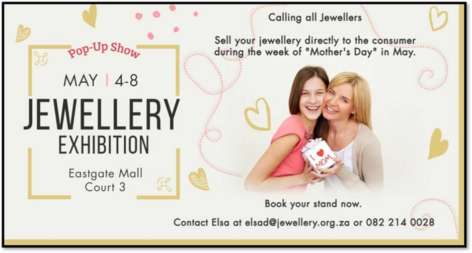 TheJCSA's tweet photo. For the first time ever, The Jewellery Council of S.A. are offering you a fantastic marketing opportunity
to sell your jewellery to the consumer!
Exhibit at the JCSA Jewellery Pop-Up Show at the Eastgate Shopping Centre
Stand will be allocated on a first-come-first-served basis! https://t.co/ZYsWHWdQNW