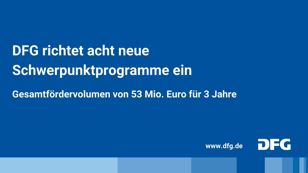 dfg_public's tweet photo. Die #DFG richtet 8 neue #Schwerpunktprogramme #SPP für 2023 ein - mit einem Gesamtfördervolumen von 53 Mio € für 3 Jahre. Die vielfältigen Themen reichen von #Ingenieurwissenschaften über #Lebenswissenschaften bis #Naturwissenschaften.
Viel Erfolg!➡️https://t.co/oZjJK67Iji https://t.co/r9ePTHr5bq