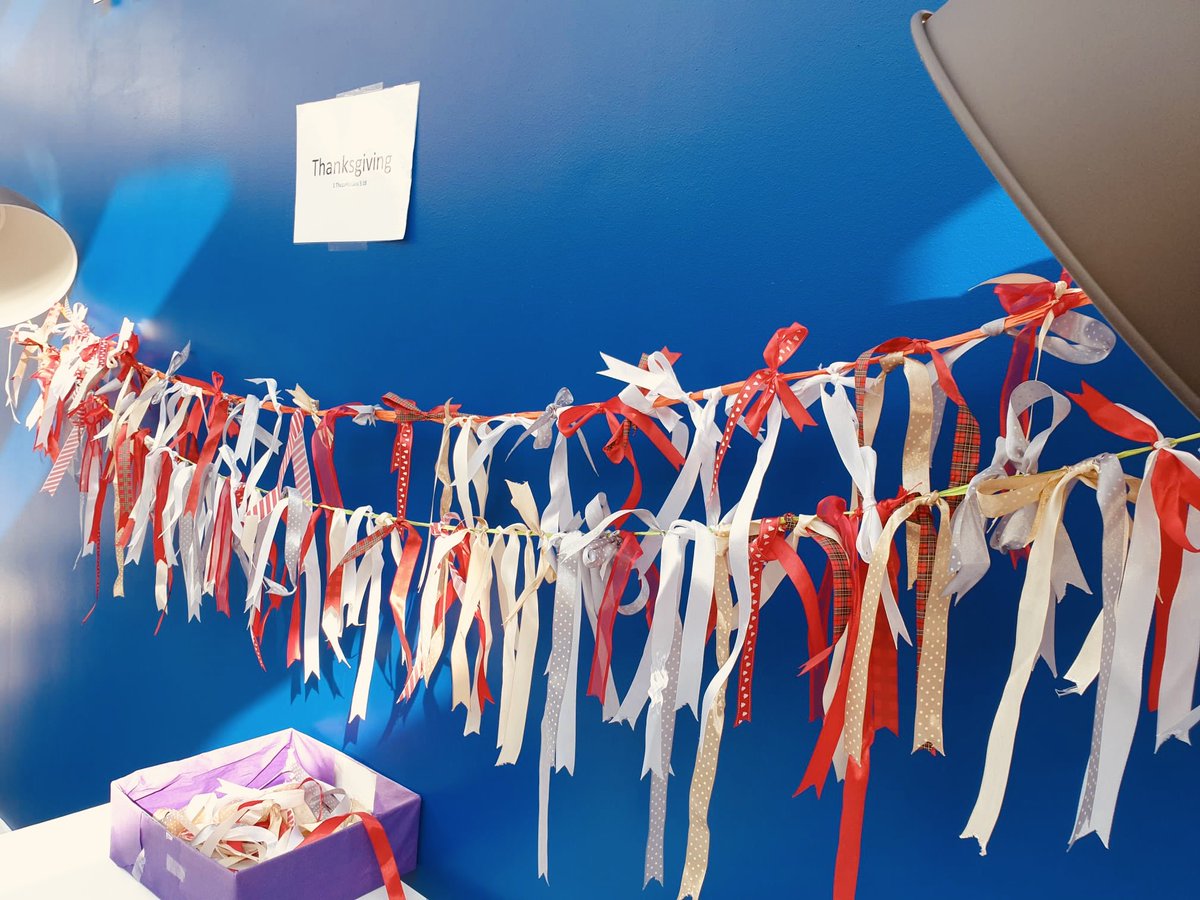PastorTom_'s tweet photo. Hundreds of coloured ribbons hung up yesterday in Thanksgiving for answered prayers. God is so good!🙌 #PilgrimSunday #InterActive #PrayerStations #GatheredCommunity #GraceChurchCork https://t.co/4EtZCgeurb