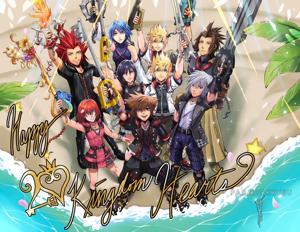 sora (kingdom hearts) multiple boys multiple girls blonde hair red hair weapon beach spiked hair  illustration images