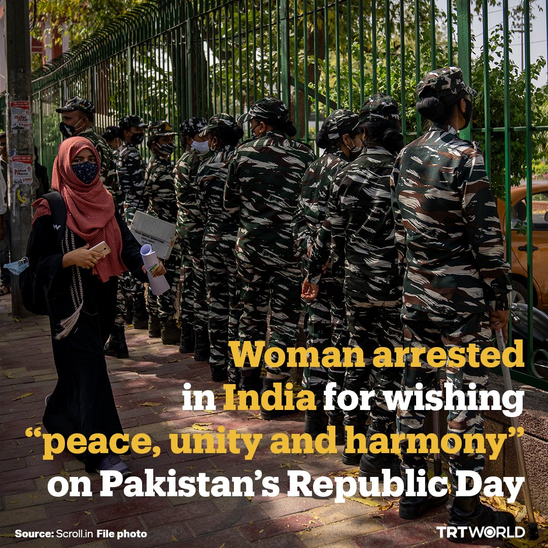 trtworld's tweet photo. Kuthma Sheikh, a 25-year-old student from India’s Karnataka, was arrested then released on bail for “create enmity between communities” after posting a message in Urdu reading “may God bless every nation with peace, unity and harmony” as her WhatsApp status https://t.co/q3ld0hGUCZ