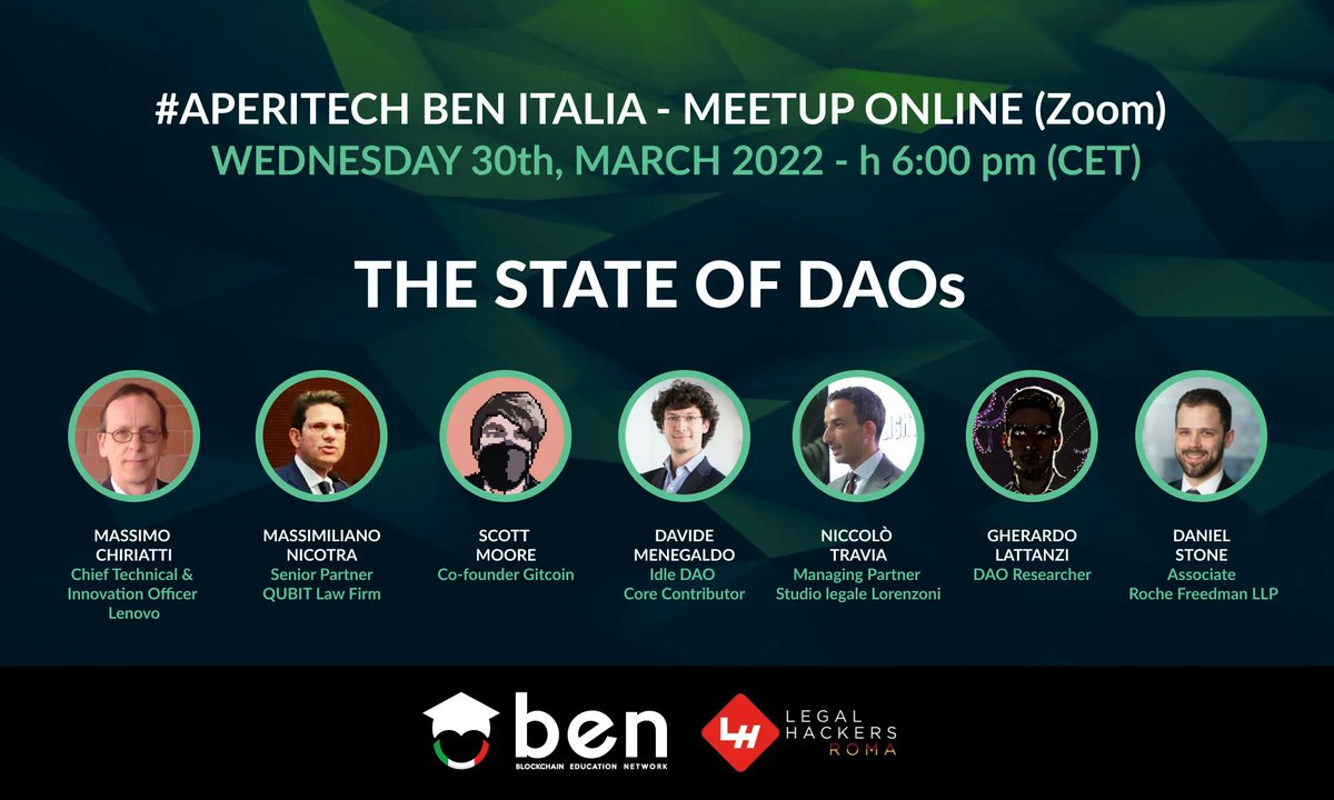 📅  Il 30 Marzo torniamo con i nostri #AperiTech online: parleremo delle #DAO

🏛  Discuteremo ed approndiremo vari aspetti delle Organizzazioni Autonome Decentralizzate

🇬🇧 The meetup will be in ENG
➡  Iscriviti da qui: buff.ly/3wIJawr
#BlockchainEdu <a href="/legalhackersrm/">Legal Hackers Roma</a>