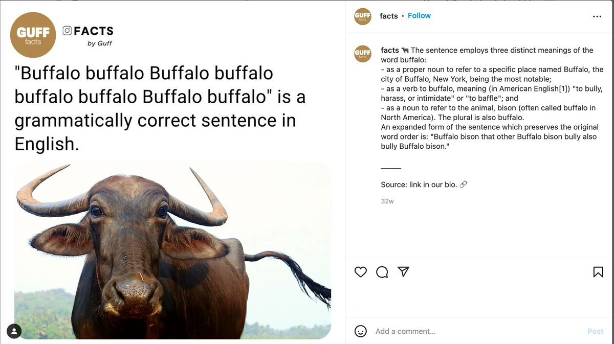 "Buffalo buffalo Buffalo buffalo buffalo buffalo Buffalo buffalo" is a 
grammatically correct sentence in English. The sentence employs three distinct meanings of the word buffalo; find out more buff.ly/3Dh8H13
Source: Facts by GUFF
#language #English #SureLanguages