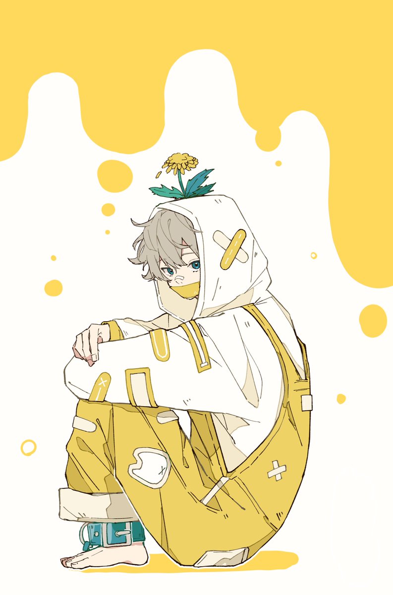 solo flower hood 1boy male focus barefoot yellow flower  illustration images