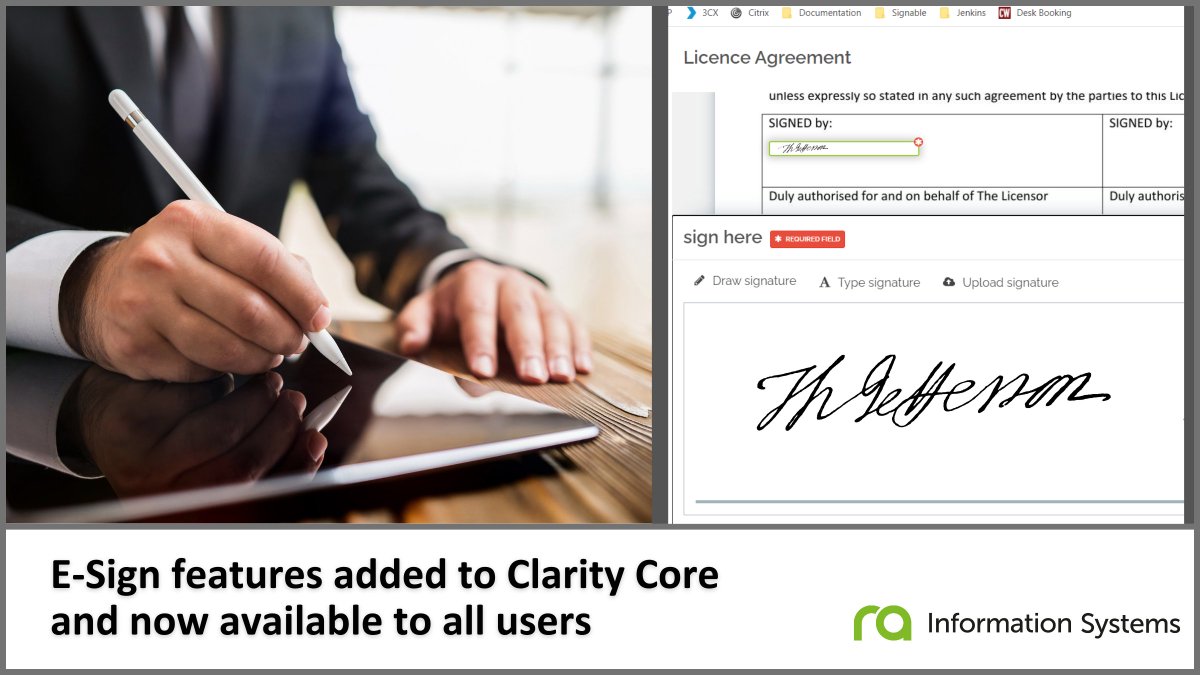 CLARITYCORE's tweet image. We have exciting news to share from our development team: secure E-Sign capabilities have been added to our Clarity Core system. All users can now configure their licence agreements to include e-signature fields for specified client/partner signatories: ra-is.co.uk/e-sign-capabil…