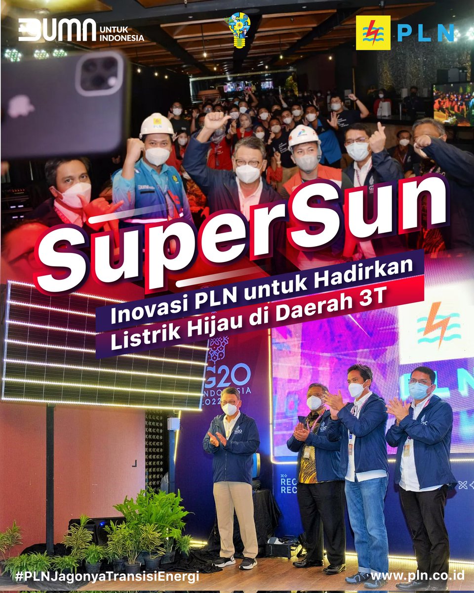 _pln_id's tweet photo. PLN mendukung pemerintah dalam mengusung isu strategis G20 soal transisi energi bersih yang berkelanjutan.Dukungan itu diwujudkan melalui inovasi SuperSUN untuk melistriki desa di wilayah 3T
#ElectrifiedG20
#PLNJagonyaTransisiEnergi
#TransisiEnergiBaruPLN
#PLNPimpinTransisiEnergi https://t.co/fbEIM94jch
