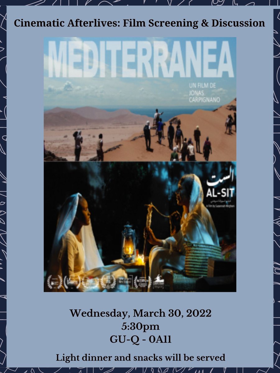 Join us for a dual film screening of "Al-Sit," &amp; "Mediterranea."  <a href="/trishkahle/">Trish Kahle</a> <a href="/SuziMirgani/">Suzi Mirgani</a>

March 30, 2022
5:30 pm (Qatar)
Room 0A11 -GUQ Campus

- First come, first served seating
- Green EHTERAZ golden frame

RSVP bit.ly/CIRS_Film_ALSi…