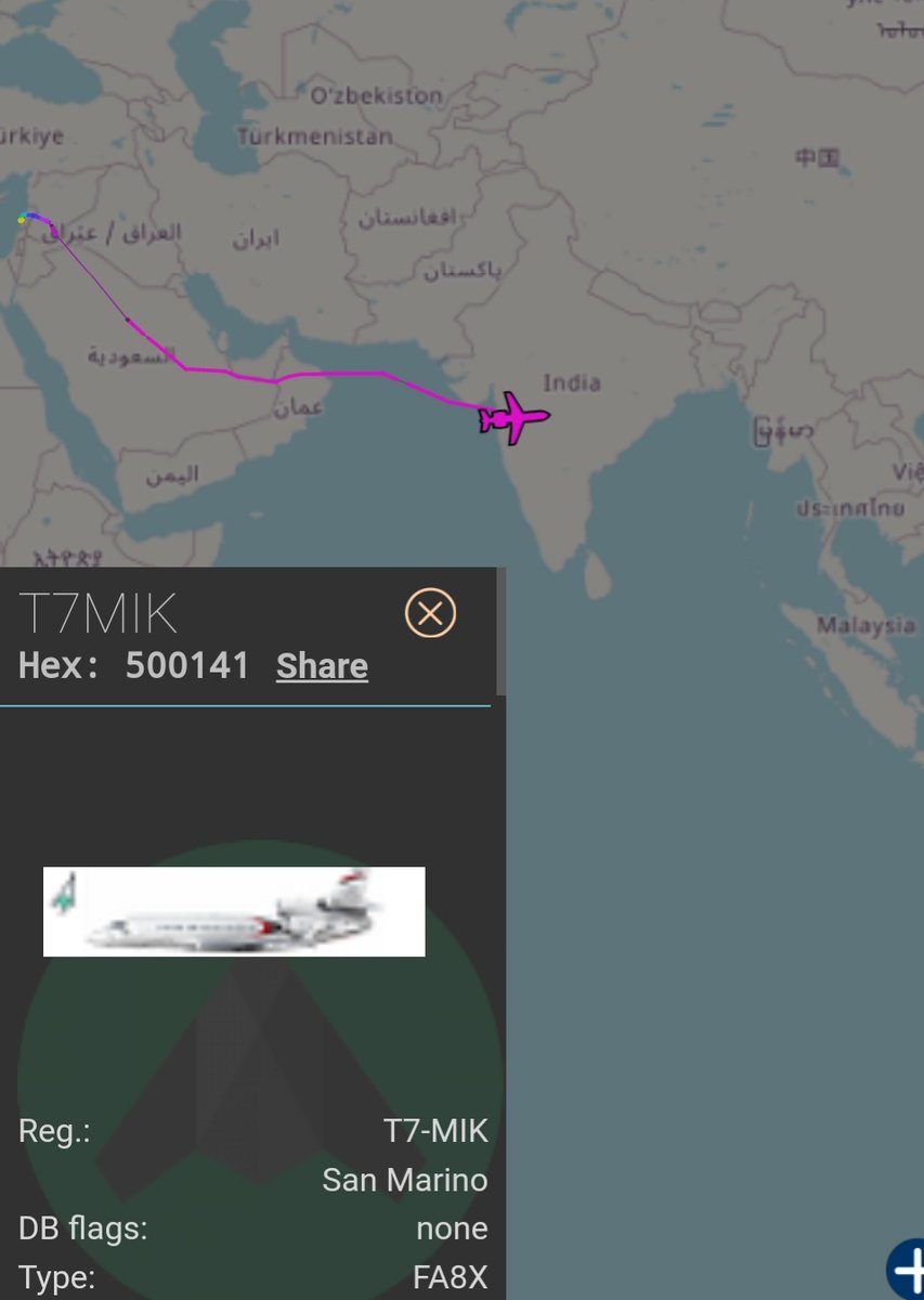 LebanonJets's tweet photo. We are currently tracking #mikati #sultajet #T7MIK currently over #India Sources say a potential trip to dodgy #Myanmar where it scored an unchallenged telecom contract few years ago #m1group @m1group MikatiHoldings https://t.co/UFlFxxxKVT