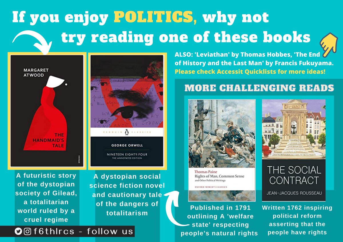 F6thLRCs's tweet photo. Check out our Politics recommendations, direct from your subject tutors! Borrow on Accessit today #F6th #Accessit @Farnborough6th @farnboroughsa https://t.co/MI3udvjCNy