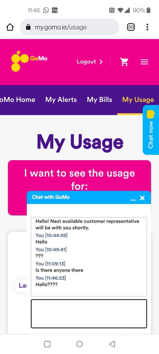 wardmichelle07's tweet photo. Over an hour in chat talking to myself. Trying to get in contact since Sat Morning. Shocking service @GoMoIrelandCare @gomoireland https://t.co/6DpgUWoKWU