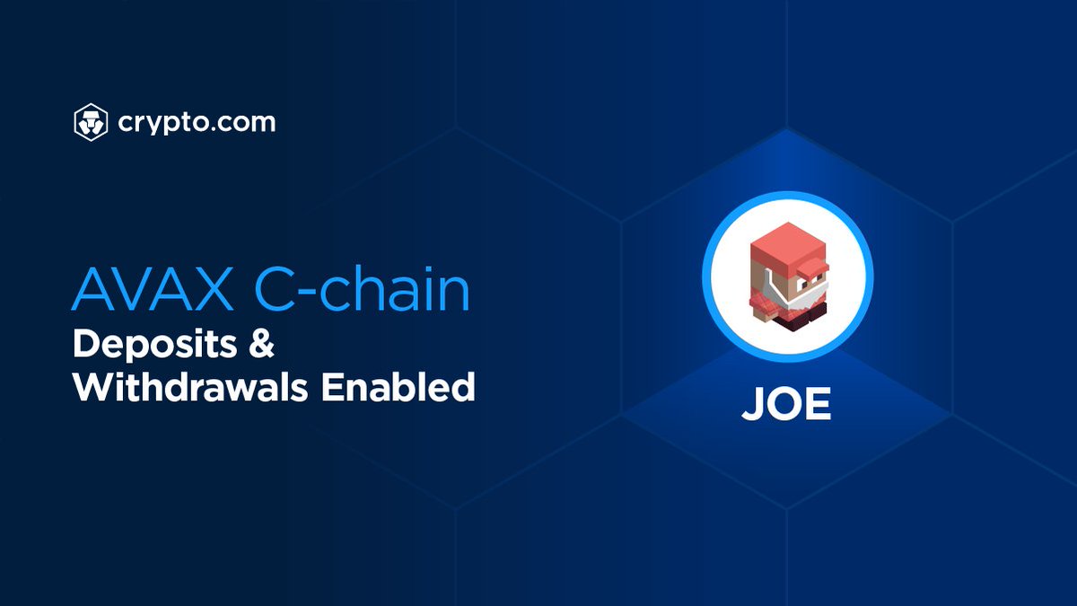 Deposits and withdrawals of $JOE via AVAX C-chain have just been enabled on the Crypto.com App. 

Deposit now 👉 crypto.onelink.me/J9Lg/6c2d574e

@traderjoe_xyz