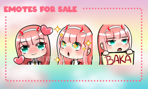 karitorii's tweet photo. β¨Emotes Γ vendaβ¨
Pac com 3 emotes da Zero Two por R$ 25.
Para mais informaΓ§Γ΅es acesse: https://t.co/zKXUZhC2vV
Caso se interessar, me chama na DM π
#twitchemotes #zerotwo #emotesforsale #emotes #emoteartist #commissionsopen https://t.co/nc4TOpAJ9H