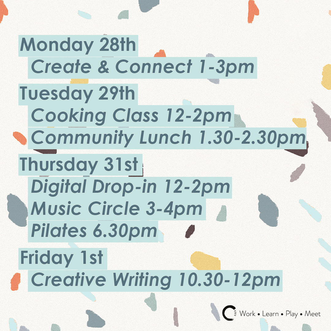 TheCrannie's tweet photo. On at The Crannie this week;
Monday 28th
Create & Connect 1-3pm
Tuesday 29th
Cooking Class 12-2pm
Community Lunch 1.30-2.30pm
Thursday 31st
Digital Drop-in 12-2pm
Music Circle 3-4pm
Pilates 6.30pm
Friday 1st
Creative Writing 10.30-12pm
#WhatsOnAtTheCrannie #edinburghcommunity https://t.co/iEduDHhOlz