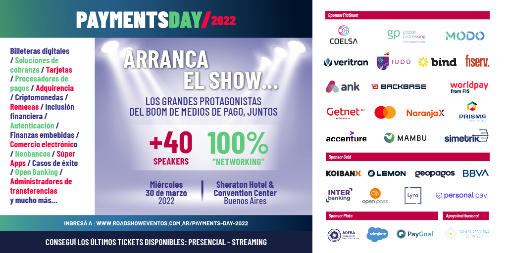 RoadShowOk's tweet photo. 🚨Faltan sólo 2 días para #PaymentsDay2022

👉El gran evento de innovación financiera y medios de pago

🗓️Miércoles 30 de marzo - Sheraton Hotel 

🗣️Más de 40 speakers de nivel internacional

👫Vuelven la presencialidad y el networking

👇Agenda y tickets https://t.co/alm9FpJlmz https://t.co/jBNiZoMYeQ
