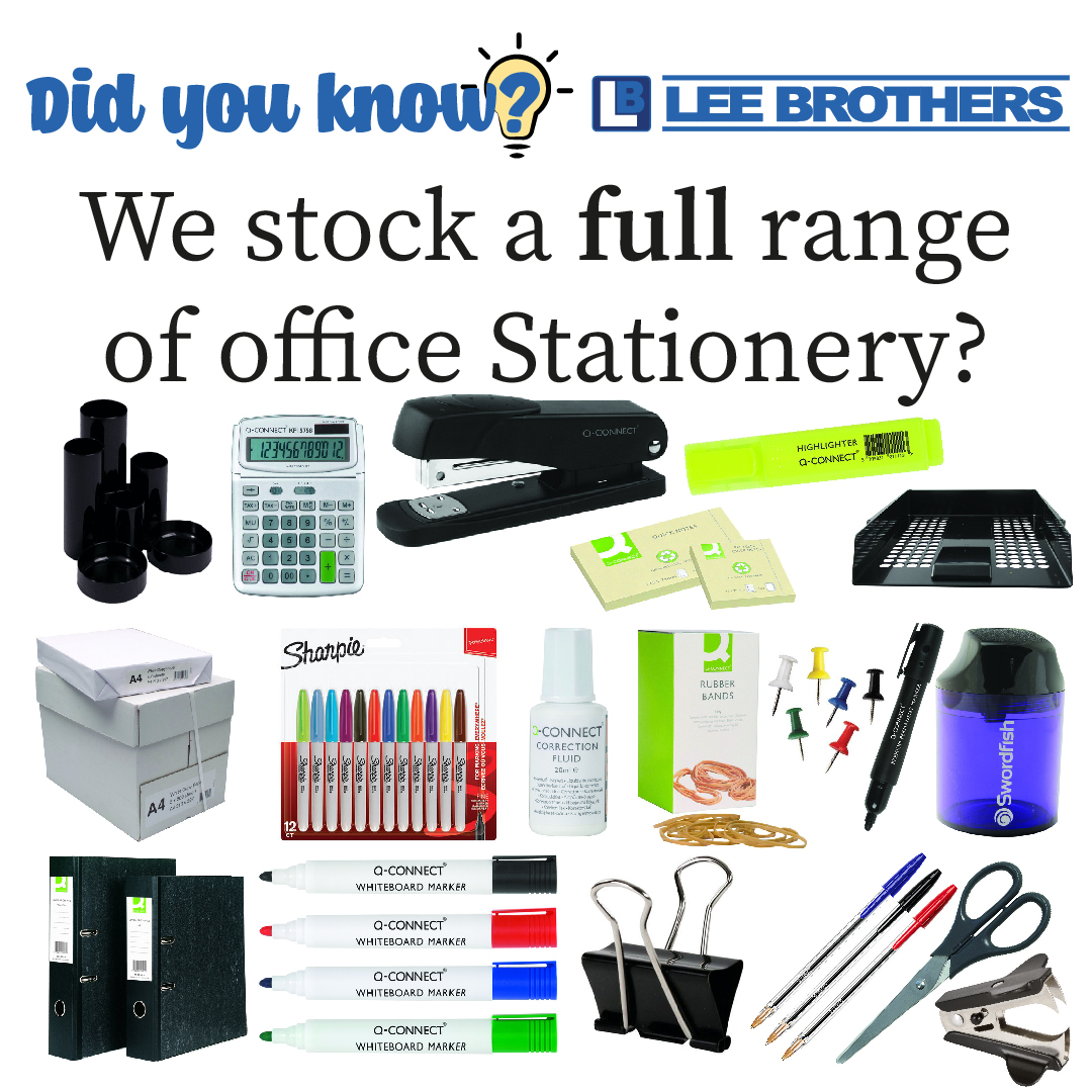 Office stationery? yeah, we stock that too! (and much more than what you can see here) have a look...
ow.ly/wh4S50Ip6xc

#leebrothers #dyk #ppe #stationery #officestationery #officesupplies