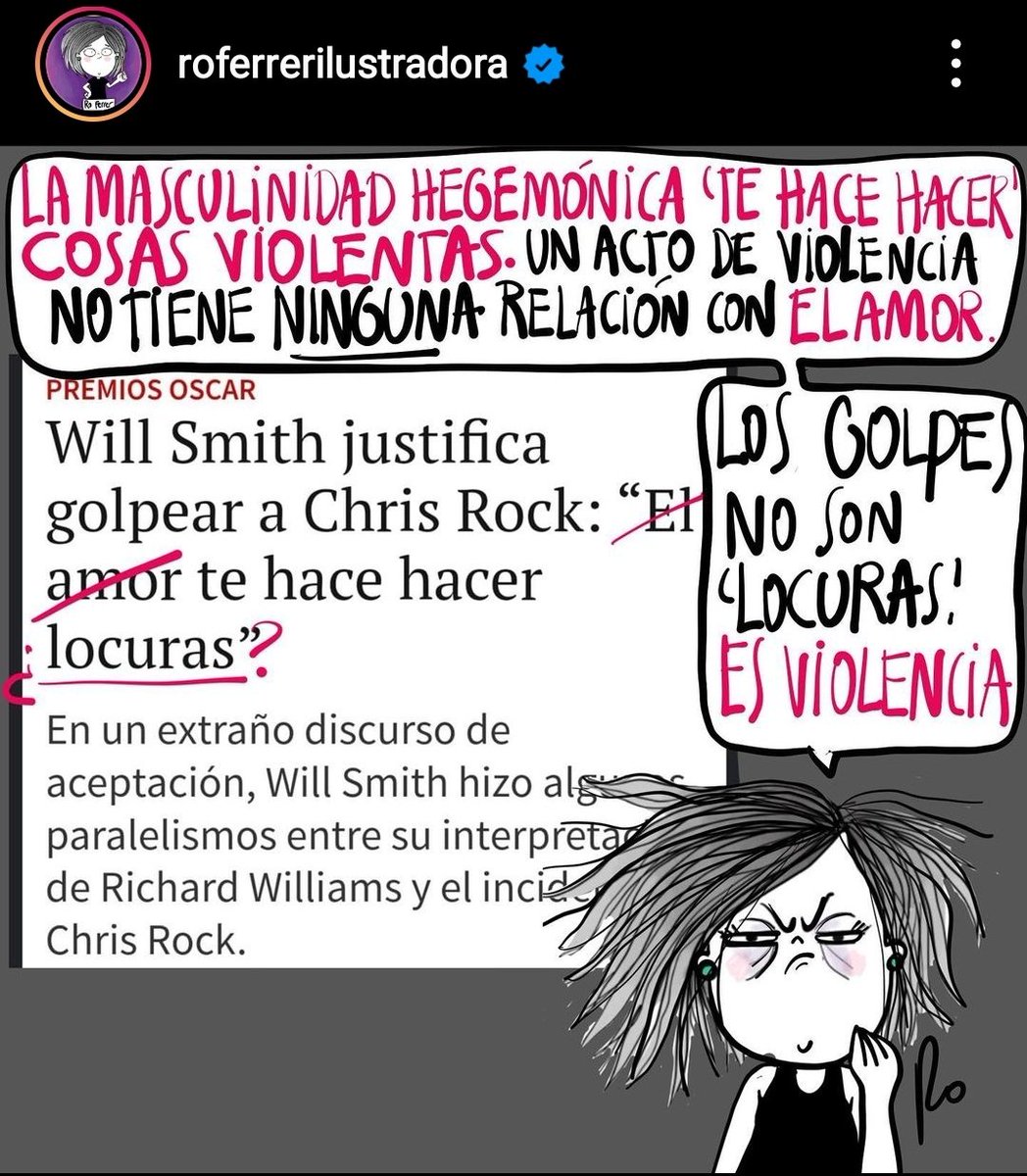 RoFerrerIlustra's tweet photo. #Oscars #WillSmithoscar #ChrisRock #Oscar2022
#Oscars2022 #WillAndChris
#WillSmith
#willsmithchrisrock

No es "por amor", es violencia Y SE APRENDE

#masculinidadfragil #masculinidadhegemónica
#ViolenciaMachista https://t.co/XKxap8ezSG