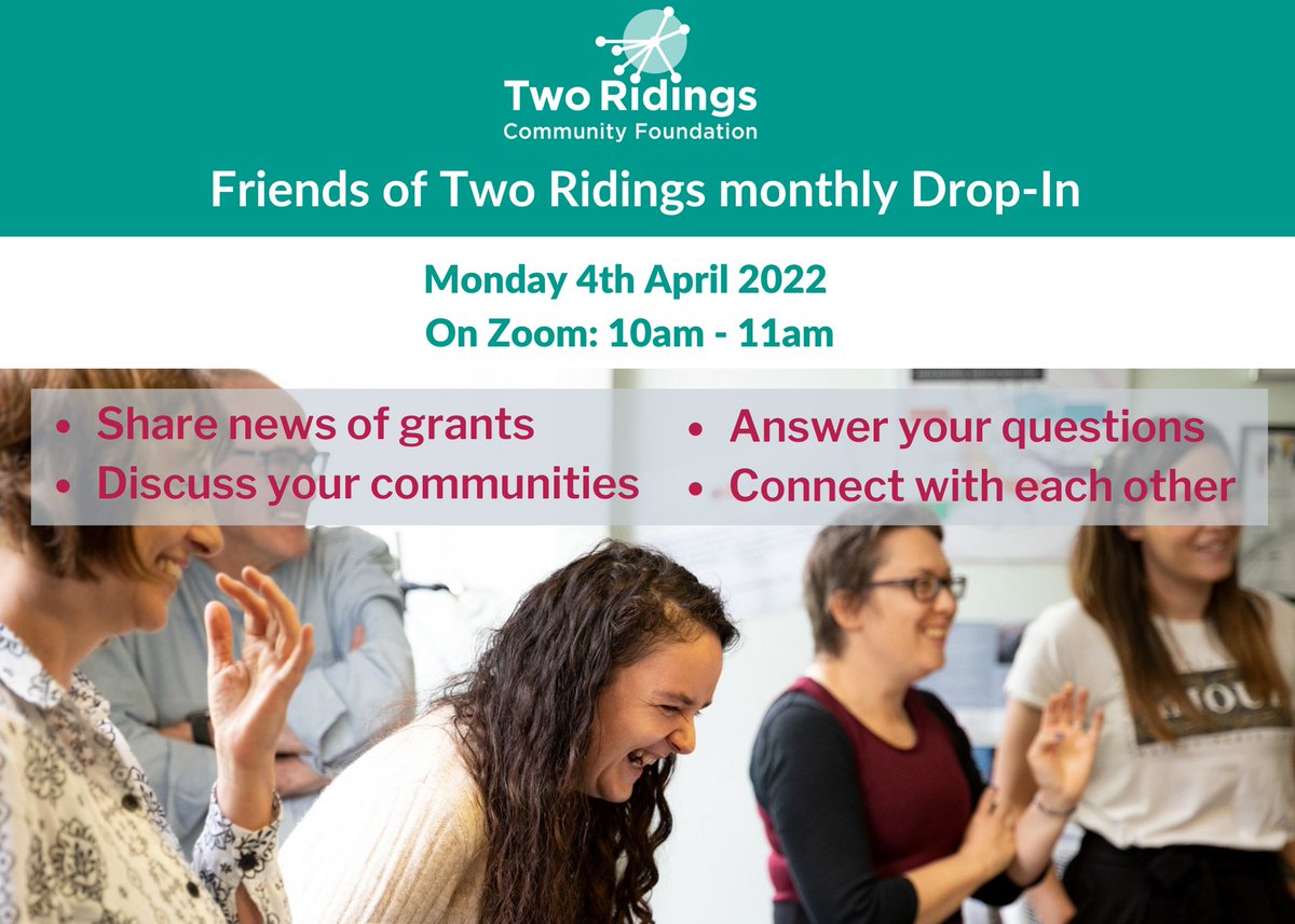 Hey! Our next monthly Drop-In is on Monday 4th April .

🌟 Find out all about grants
👍🏾 Meet the Two Ridings team
🖐🏽 Make new connections
❓ Ask us ANYTHING! 

bit.ly/TwoRidingsDrop…

#Funding #Yorkshire #Community <a href="/HADCAcharity/">Harrogate & District Community Action</a>  <a href="/CommFirstYorks/">CommunityFirstYorks</a>  @HULLCVS <a href="/CaVCA1/">CaVCA</a> <a href="/SelbyDAVS/">Selby District AVS</a>