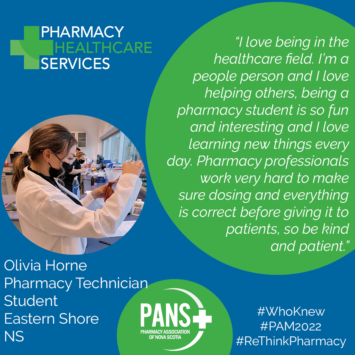 PharmacyNS's tweet photo. Meet Olivia Horne, a pharmacy technician student loves helping others.
Thank you, Olivia, for everything you do for your patients!
#PAM2022 #WhoKnew #ReThinkPharmacy #ThankYouPharmacy https://t.co/8l0wcI25xm