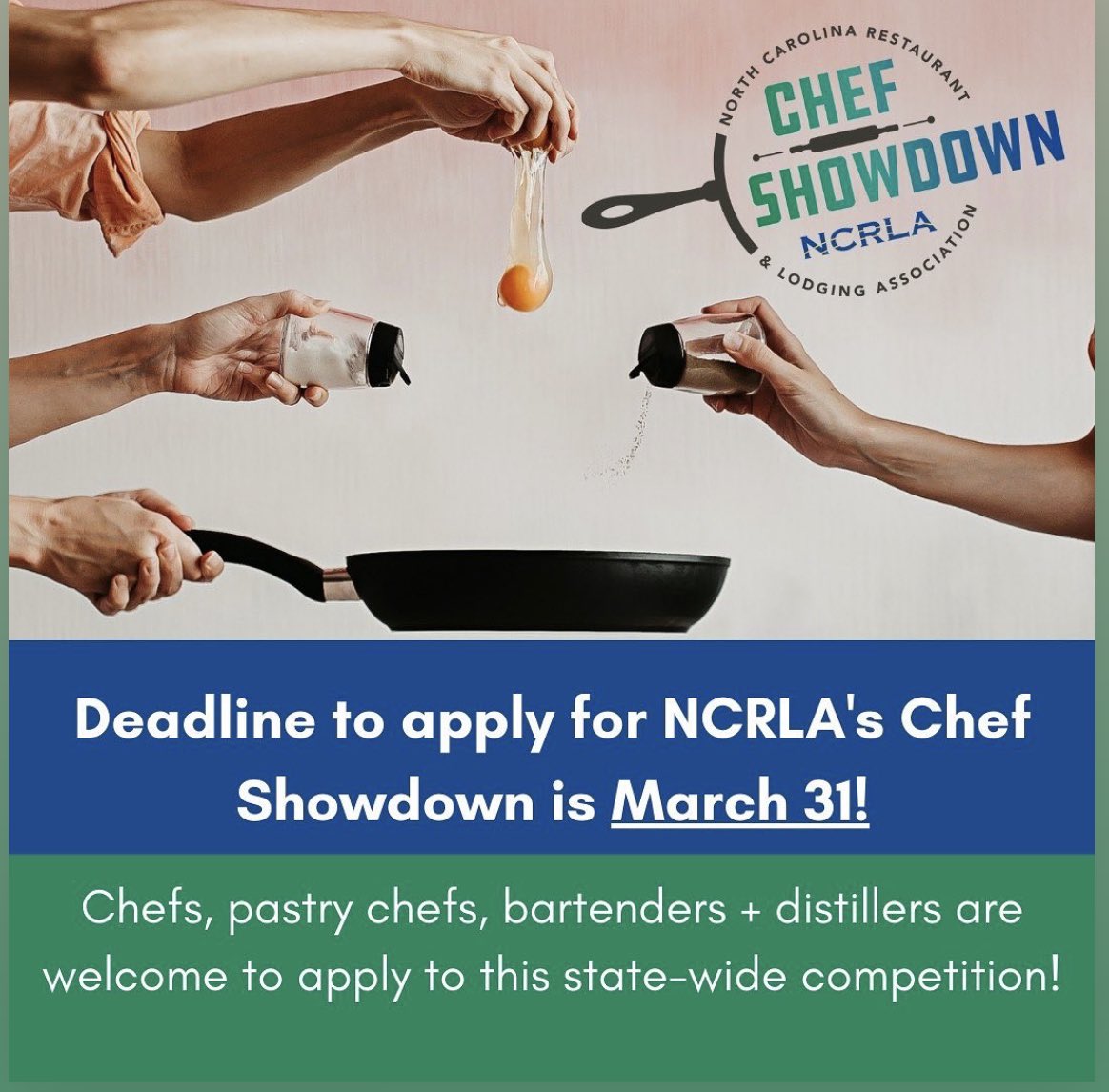 Still haven't applied to the 2022 @NCRLAChefShowdown ? 
👨‍🍳🍸🍳🍹
What are you waiting for?! If you are a #NCChef #NCPastryChef #NCBartender or #NCDistillery , visit NCChefShowdown.com to apply for a chance to compete in our 2022 series! #DoItNow ⭐️ Deadline: March 31, 2022
