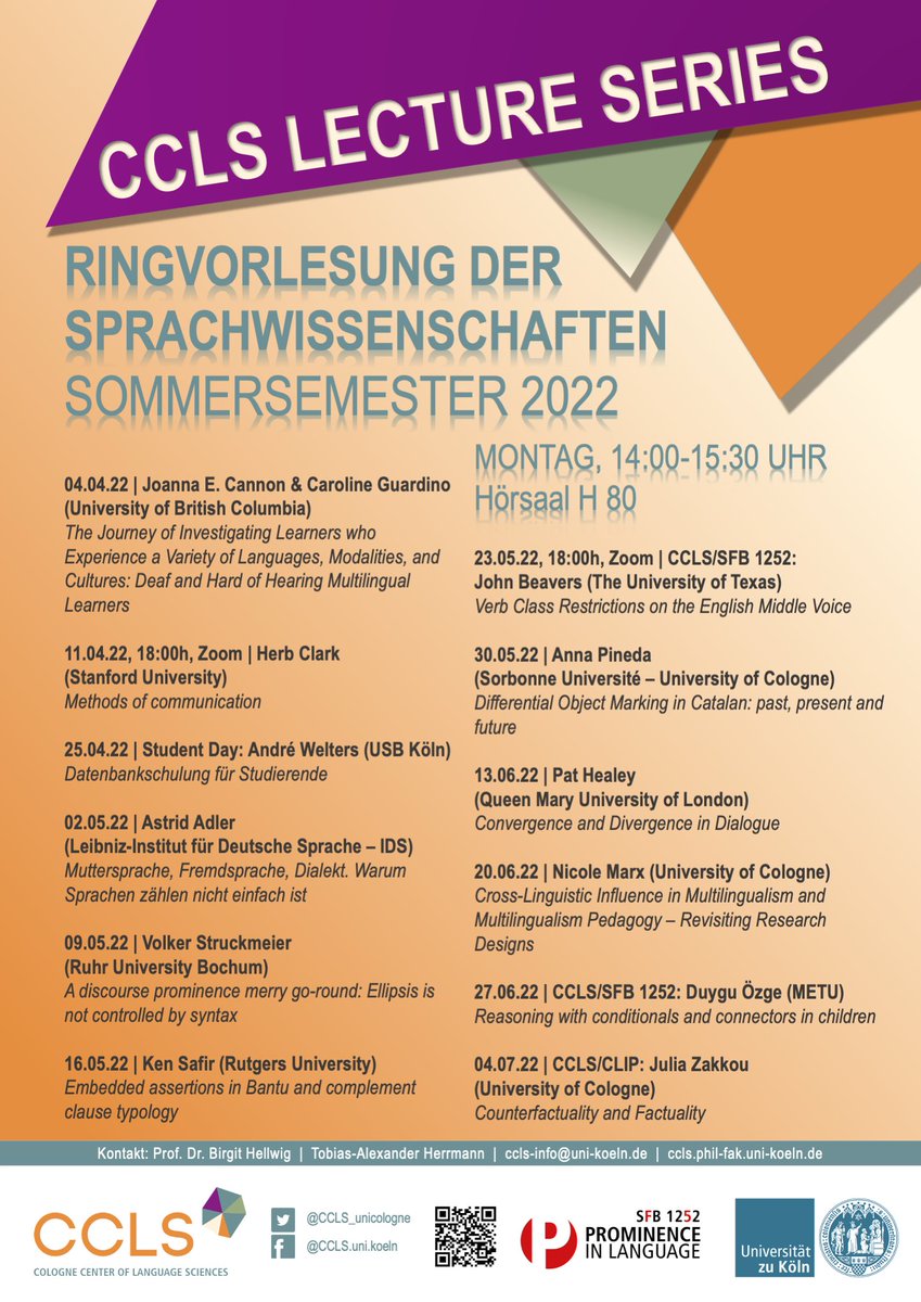 Cologne Center of Language Sciences (CCLS) (@ccls_unicologne) on Twitter photo The โ๏ธ summer semester is approaching, and we're about to kick off the ๐ข CCLS Lecture Series! ๐๐ผ
We're looking forward to great ๐ฃ๏ธ talks from various disciplines of the language sciences at <a href="/Philfak_koeln/">Philosophische Fakultรคt der Uni Kรถln</a> <a href="/UniCologne/">Universitรคt zu Kรถln</a>. Mondays, 2:00 p.m., H80/Zoom.
๐๐ผ bit.ly/3Dj9puN The โ๏ธ summer semester is approaching, and we're about to kick off the ๐ข CCLS Lecture Series! ๐๐ผ
We're looking forward to great ๐ฃ๏ธ talks from various disciplines of the language sciences at <a href="/Philfak_koeln/">Philosophische Fakultรคt der Uni Kรถln</a> <a href="/UniCologne/">Universitรคt zu Kรถln</a>. Mondays, 2:00 p.m., H80/Zoom.
๐๐ผ bit.ly/3Dj9puN