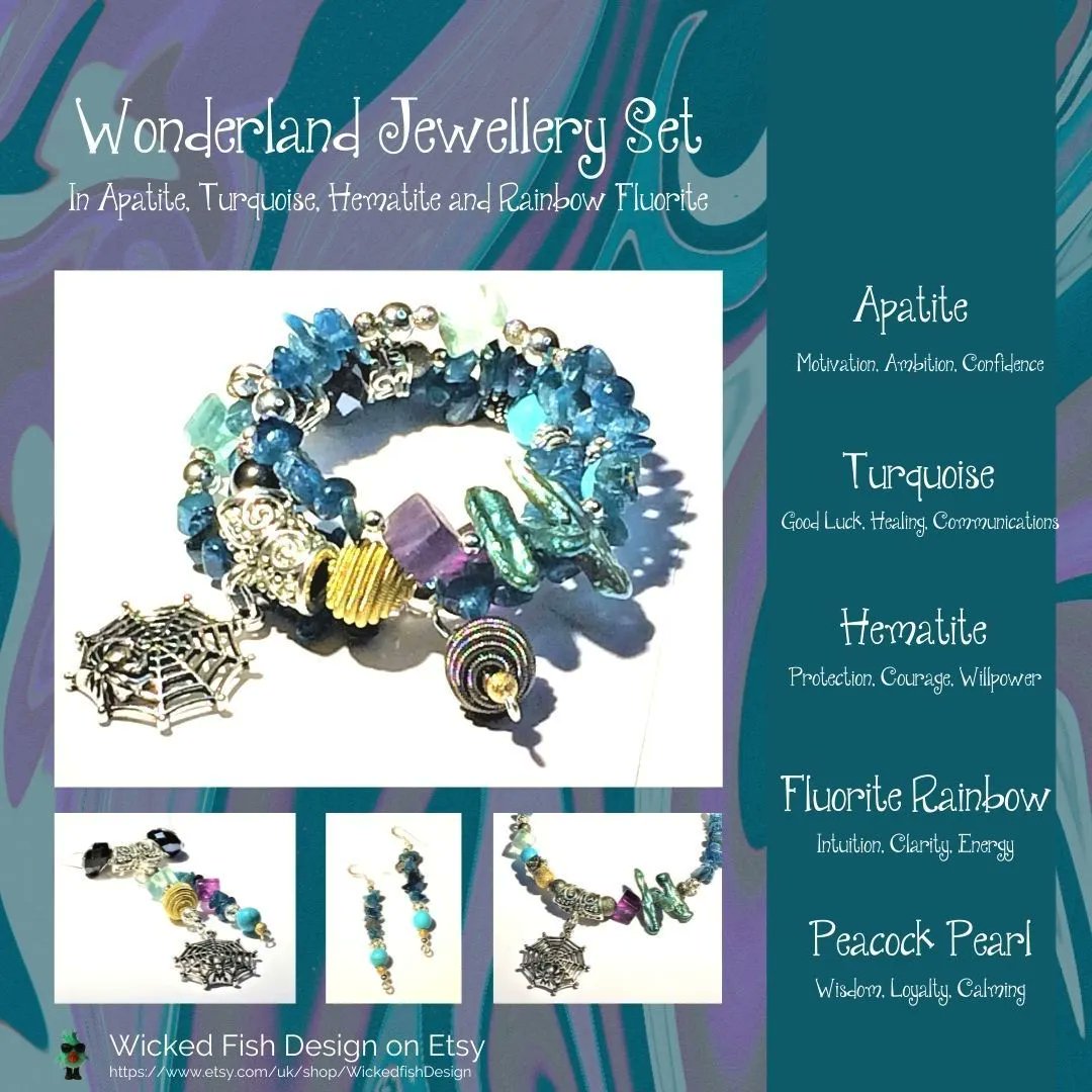 WickedFishBiz's tweet photo. Wonderland Jewellery Set in Apatite, Turquoise, Pearl and Hematite.  https://t.co/gf88aYCbA4 #turquoise #mala #statementjewelry #turquoisejewelry #apatite #statementjewellery #statementbracelet #malabracelet #stackedbracelet #chakra #crystallover #spiritual #meditation #yoga https://t.co/snPnmOmDAc